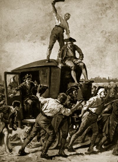 جون ويلكس صدر عن غوغاء لندن ، 1768 ، رسم توضيحي من قصة هاتشينسون للأمة البريطانية ، حوالي 1923 بواسطة مدرسة اللغة الإنجليزية