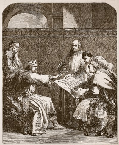 جون يرفض التوقيع على مقالات البارونات ، رسم توضيحي من Cassells Illustrated History of England (sepia photo) بواسطة مدرسة اللغة الإنجليزية