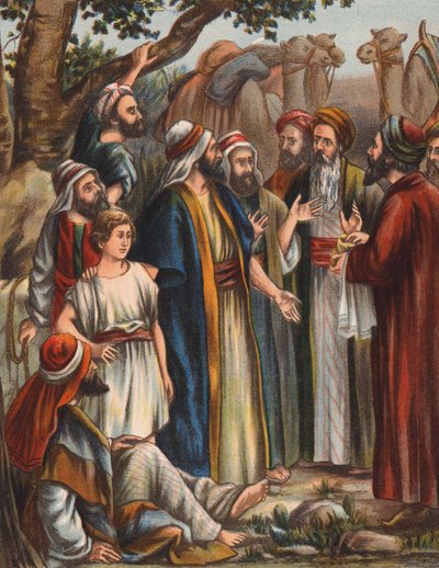 بيع يوسف من قبل إخوته (طباعة حجرية ملونة) بواسطة مدرسة اللغة الإنجليزية