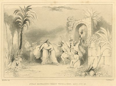Judas betraying Christ with a kiss, Matthew XXVI, 49 (engraving) بواسطة مدرسة اللغة الإنجليزية