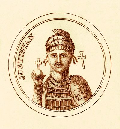 جستنيان ، رسم توضيحي من القاموس التاريخي العالمي لجورج كراب ، نشر عام 1825 (صورة محسنة رقميًا) بواسطة مدرسة اللغة الإنجليزية