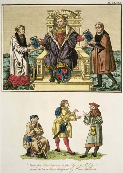 الملك هنري الثامن (1491-1547) من الجزء الأمامي إلى الكتاب المقدس العظيم قيل أنه قد صممه هانز هولبين (14978-1543) التوضيح من المنظر الكامل لفستان وعادات الناس. بواسطة مدرسة اللغة الإنجليزية