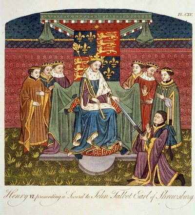 الملك هنري السادس (1421-1471) يقدم سيفًا لجون تالبوت (c.1388-1453) إيرل شروزبري ، توضيح من المنظر الكامل لفستان وعادات شعب إنجلترا المجلد الثاني ، نشر 17 بواسطة مدرسة اللغة الإنجليزية
