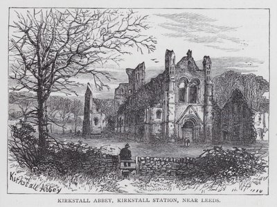 Kirkstall Abbey, Kirkstall Station, near Leeds (engraving) بواسطة مدرسة اللغة الإنجليزية