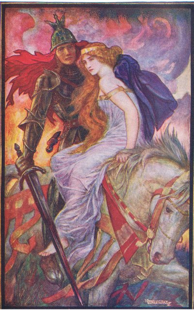 تحمل لانسلوت Guenevere ، رسم توضيحي من كتاب "The Book of Romance" الذي نشرته Longmans Green and Co بواسطة مدرسة اللغة الإنجليزية