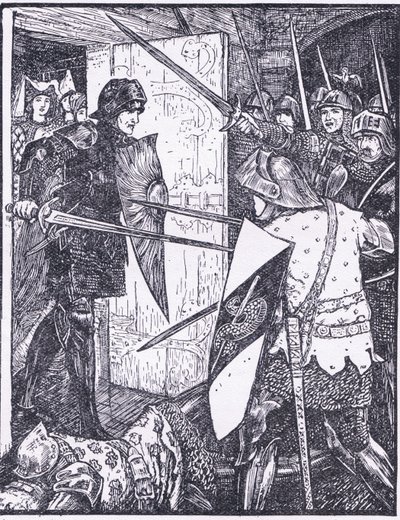لانسلوت يخرج من غرفة غوينفير ، رسم توضيحي من "كتاب الرومانسية" الذي نشرته شركة Longmans Green and Co بواسطة مدرسة اللغة الإنجليزية