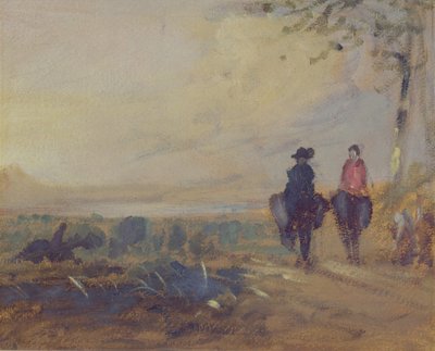 منظر طبيعي مع بحيرة وشخصيتين ركوب ، نسبت سابقًا إلى JMW Turner (1775-1851) ونُسبت أيضًا إلى Peter de Wint (1784-1849) ، 1815-25 (زيت على ورق) بواسطة مدرسة اللغة الإنجليزية