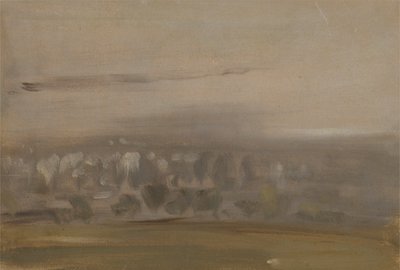 منظر طبيعي بأشجار على منحدر (Wooded Valley ، يُرى من خلال ضباب) يُنسب سابقًا إلى JMW Turner (1775-1851) ويُنسب أيضًا إلى Peter de Wint (1784-1849) (زيت على ورق) بواسطة مدرسة اللغة الإنجليزية