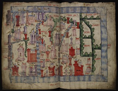 Lansdowne 204 ff.225v & 226 خريطة اسكتلندا بقلم جون هاردينج ، حوالي 1450 (حبر وحرارة على ورق برشمان) بواسطة مدرسة اللغة الإنجليزية