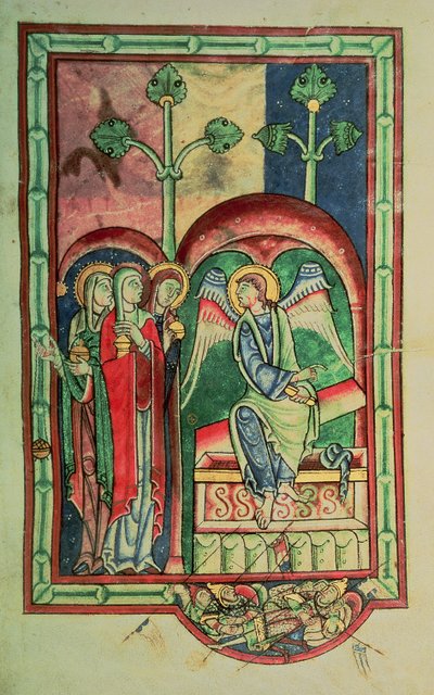 Lansdowne 383 f.13 The Women at the sepulcher، from the Shaftesbury Psalter، West Country، c.1130-40 (رق) بواسطة مدرسة اللغة الإنجليزية