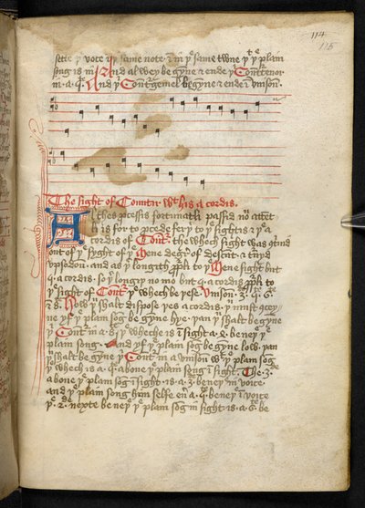 Lansdowne 763، f.115r ، مجلد كتب إلى حد ما على ورق في القرن الخامس عشر ، ويحتوي على أطروحات قديمة ومثيرة للاهتمام حول الموسيقى لمؤلفين مختلفين. بواسطة مدرسة اللغة الإنجليزية