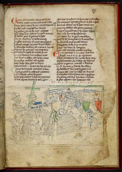 Lansdowne 782 f.27r معركة بين الفرسان الخياليين ، من "Chanson d