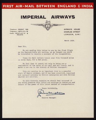 Launch of the first air-mail service between England and India by Imperial Airways in March 1929 (litho) بواسطة مدرسة اللغة الإنجليزية