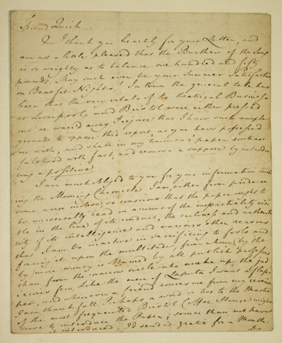رسالة من ويليام وودفول (1746-1803) إلى الممثل جون كويك (1748-1831) بخصوص مراجعات جون هندرسون الإيجابية في هايماركت بواسطة مدرسة اللغة الإنجليزية