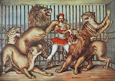 Lion Tamer, c.1880 (colour litho) بواسطة مدرسة اللغة الإنجليزية