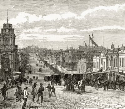 النظر إلى الشرق أسفل شارع بورك ، ملبورن ، 1880 ، من "الصور الأسترالية" بقلم هوارد ويلوبي ، نشرته جمعية المسالك الدينية ، لندن ، 1886 بواسطة مدرسة اللغة الإنجليزية