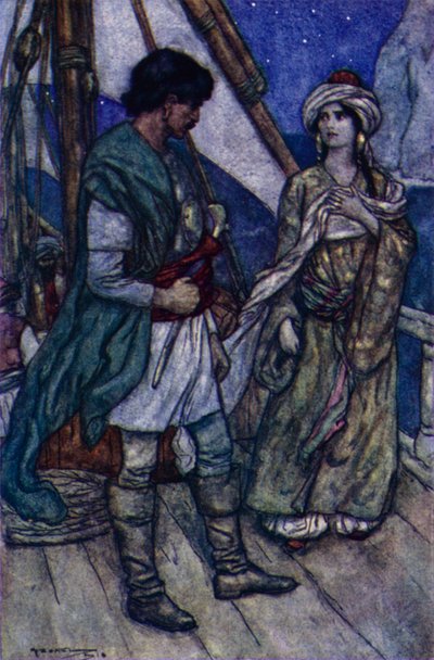 Lord Byron, Conrad And Gulnare (colour litho) بواسطة مدرسة اللغة الإنجليزية