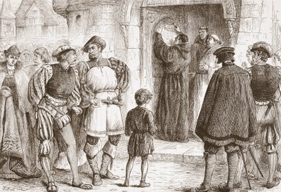 لوثر يسمر أطروحاته إلى باب Schloss-Kirk في Wittemberg ، توضيح من تاريخ البروتستانتية بقلم جيمس أيتكين ويلي (1808-1890) ، حانة. 1878 بواسطة مدرسة اللغة الإنجليزية
