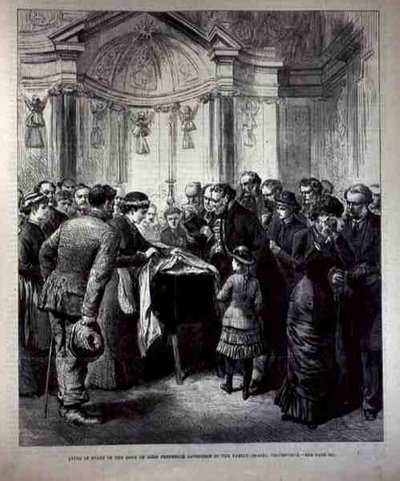 الكذب في الدولة ، جسد اللورد فريدريك كافينديش (1836-1882) في كنيسة العائلة ، تشاتسوورث ، من أخبار لندن المصورة ، 20 مايو 1882 بواسطة مدرسة اللغة الإنجليزية