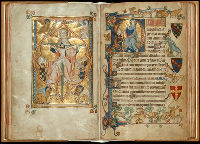 MS 242 و. 28v-29r عرش الرحمة مع الرعاة ، نعمة المسيح مع الراعي ، c.1314-30 (أوراق الذهب و درجة الحرارة على الرق) بواسطة مدرسة اللغة الإنجليزية