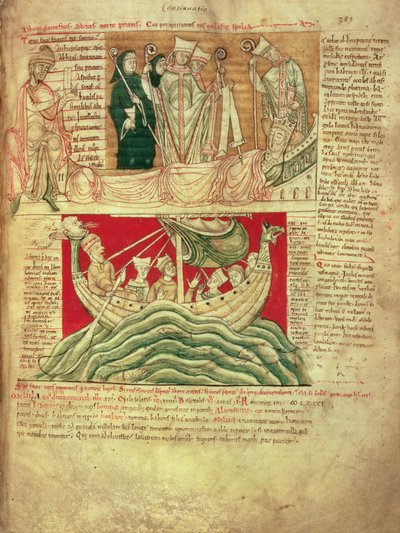 MS CCC 157 ، ص 383 ، الرؤى التي حلم بها الملك هنري الأول في نورماندي في عام 1130 ، من Worcester Chronicle ، حوالي 1130-40 (رق) أدخلها في 1140 بواسطة John of Worcester في التاريخ الذي بدأه فلورنسا من ووستر (ت 1118) ؛ واحدة من أقدم الأمراض المزمنة على قيد ال بواسطة مدرسة اللغة الإنجليزية
