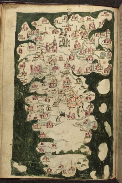 MS Harley 1808، f.9v Map of England and Wales، from "Totius Britannae Tabula Chorographica" حوالي 1400 (رق) بواسطة مدرسة اللغة الإنجليزية