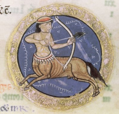 MS Hunter 229 f.6r Sagittarius، من سفر المزامير Hunterian، c.1170 (قلم وحبر ودرجة حرارة على الرق) (التفاصيل) بواسطة مدرسة اللغة الإنجليزية
