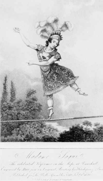 مدام ساكي ، المؤدية المشهورة على الحبل في حدائق فوكسهول ، لندن بواسطة مدرسة اللغة الإنجليزية