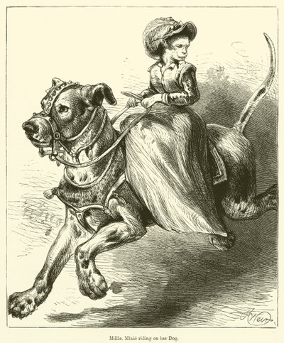 Mademoiselle Minie تركب على كلبها (نقش) بواسطة مدرسة اللغة الإنجليزية