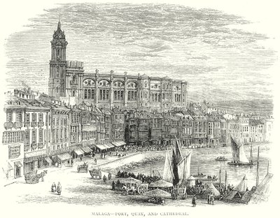 ملقة - الميناء والرصيف والكاتدرائية (نقش) بواسطة مدرسة اللغة الإنجليزية