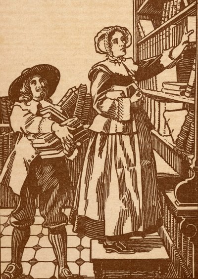 بائعو الكتب من الذكور والإناث الذين يعملون في مكتبة كتب من القرن السابع عشر (ليثو) بواسطة مدرسة اللغة الإنجليزية