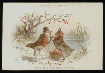 Male and female robins in costume. Christmas greetings card. (chromolitho) بواسطة مدرسة اللغة الإنجليزية