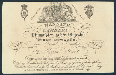 Manning ، أواخر Carnery ، plumassier ، بطاقة تجارية بواسطة مدرسة اللغة الإنجليزية