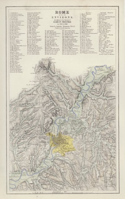 Map: Rome, with its Environs, according to the Survey of Baron Moltke, in 1845 and 1846, drawn by Augustus Petermann (colour litho) بواسطة مدرسة اللغة الإنجليزية