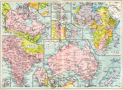خريطة للممتلكات البريطانية في عام 1914 عند اندلاع الحرب العالمية الأولى ، من قاموس الإمبراطورية البريطانية ، جامعات اللغة الإنجليزية الحديثة ، صفحة 1914 بواسطة مدرسة اللغة الإنجليزية