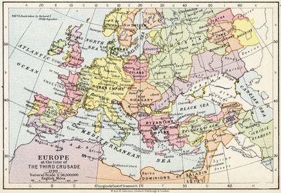 خريطة أوروبا في وقت الحملة الصليبية الثالثة ، 1190 ، من "الأطلس التاريخي" ، التي نشرتها W. und AK Johnston Limited ، 1911 بواسطة English School