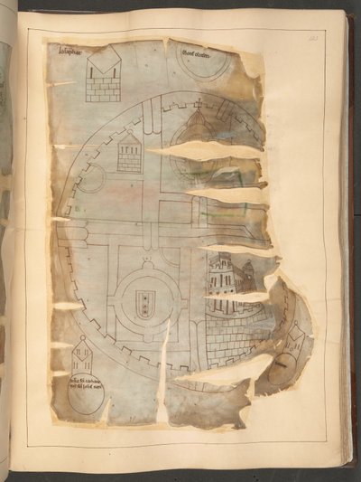 خريطة القدس ، من "Winchcombe Chronicle" ، MS Cotton Tiberius E. IV ، الصحيفة 143 و (الرق) بواسطة مدرسة اللغة الإنجليزية