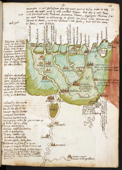 خريطة مصر السفلى ، من دفتر ملاحظات السير والتر رالي (1552-1618) ، حوالي 1606-08 (قلم وحبر على ورق) بواسطة مدرسة اللغة الإنجليزية