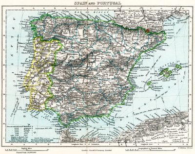 خريطة لإسبانيا والبرتغال من معرض ميلنر للجغرافيا، حوالي عام 1872 (طباعة حجرية ملونة) بواسطة مدرسة اللغة الإنجليزية