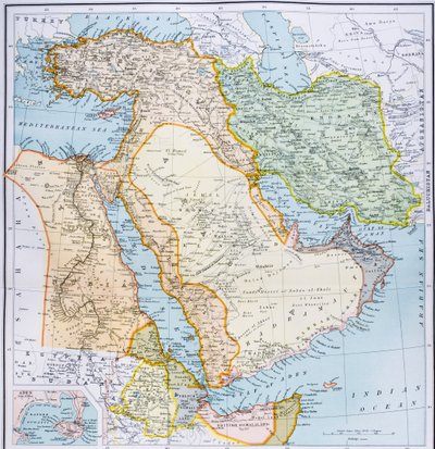 خريطة تركيا والشرق الأوسط القرن الأفريقي والخليج الفارسي في تسعينيات القرن التاسع عشر ، من "أطلس العالم للعالم" ، المنشورة في لندن ، c.1899 بواسطة English School