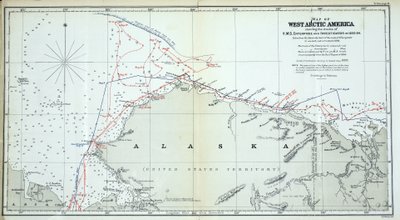 خريطة لأمريكا الشمالية الغربية تظهر مسارات شركة HMS Enterprise والمحقق في 1850-1854 بواسطة مدرسة اللغة الإنجليزية