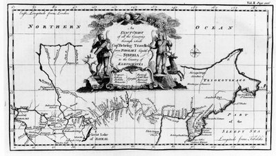 خريطة للطريق الذي سلكه فيتوس بيرينغ (1681-1741) عبر سيبيريا إلى كامشاتكا ، من Navigantium atque Itinerantium Bibliotheca المنشورة عام 1744 بواسطة English School
