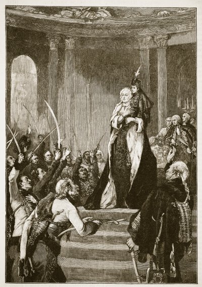 ماريا تيريزا والبرلمان المجري ، رسم توضيحي من Cassells Illustrated History of England (sepia photo) بواسطة مدرسة اللغة الإنجليزية