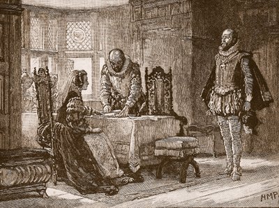 ماري توقع صك التنازل في قلعة Lochleven ، رسم توضيحي من Cassells Illustrated History of England (sepia photo) بواسطة مدرسة اللغة الإنجليزية