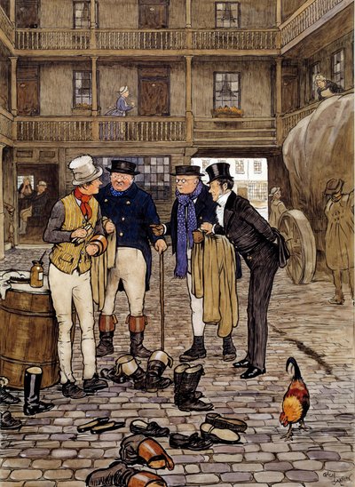 أعضاء نادي بيكويك يقابلون سام ويلر رسم توضيحي لأعمال تشارلز ديكنز (1812-1870) من المدرسة الإنجليزية. 1837 مجموعة خاصة بواسطة مدرسة اللغة الإنجليزية