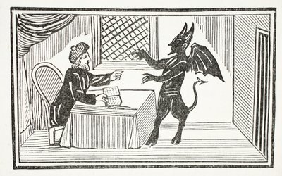 يأتي Mephistopheles إلى منزل الأطباء ، وهو رسم توضيحي من كتب Chap للقرن الثامن عشر بقلم John Ashton ، الحانة. 1882 بواسطة مدرسة اللغة الإنجليزية