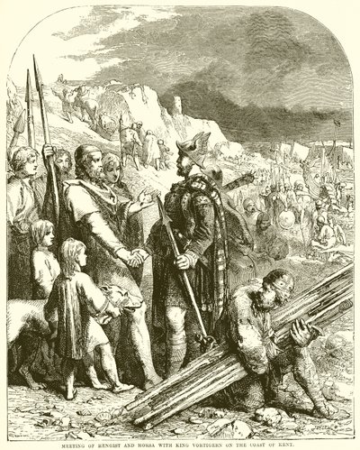 رسم Hnegist و Horsa مع الملك Vortigern على ساحل Kent بواسطة مدرسة اللغة الإنجليزية