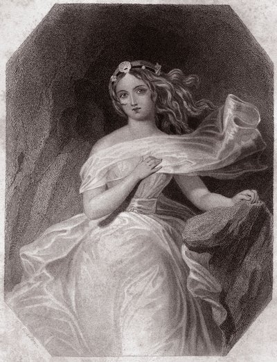 Miranda (The Tempest - La Tempete) في - "" Galerie des femmes de Shakespeare ، مجموعة من خمسة وأربعين صورة جادة من قبل الفنانين الأوائل في لندن ، تم إثرائها بالإشعارات النقدية والأدبية "" حوالي عام 1838 - من "" معرض النساء شكسبير ، بواسطة مدرسة اللغة الإنجليزية