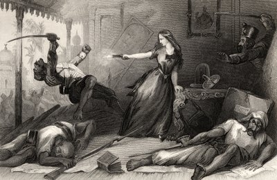 ملكة جمال ويلر تدافع عن نفسها ضد Sepoys في Cawnpore في عام 1857 ، من "تاريخ التمرد الهندي" ، نشر في عام 1858 (النقش) بواسطة مدرسة اللغة الإنجليزية