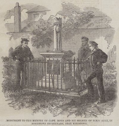 نصب تذكاري لذكرى الكابتن بويد وستة بحارة من HMS Ajax ، في Monkstown Churchyard ، بالقرب من Kingstown (نقش) بواسطة مدرسة اللغة الإنجليزية